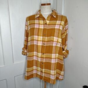 Sonoma Golden Yellow Plaid Flannel Button Down Shirt Women's Size XXL